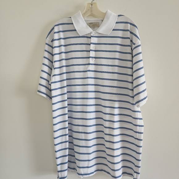 Men's White With Blue Stripes Button Polo Shirt Size L - Picture 3 of 6